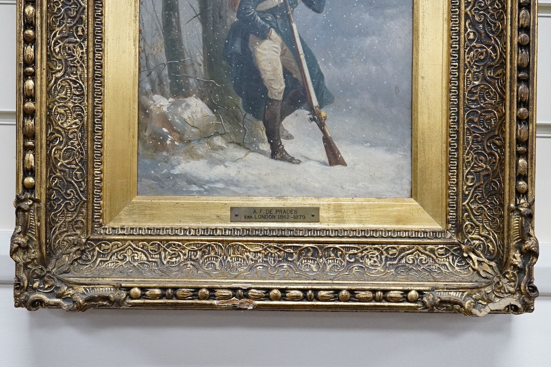 Alfred de Prades (1825-1885), oil on board, French soldier in a winter landscape, unsigned, applied plaque to the ornate gilt frame, 28 x 22cm
